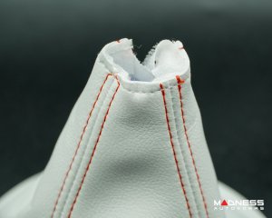 FIAT 500 Gear Shift Boot + Retaining Ring Set- White EcoLeather w/ Red Stitching + ABARTH Logo